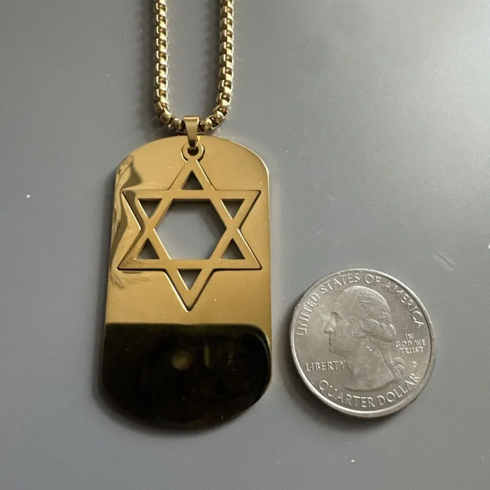 Star Of David Tag Pendant Necklace 24” Chain Jewish Heritage Israel Gold Tone